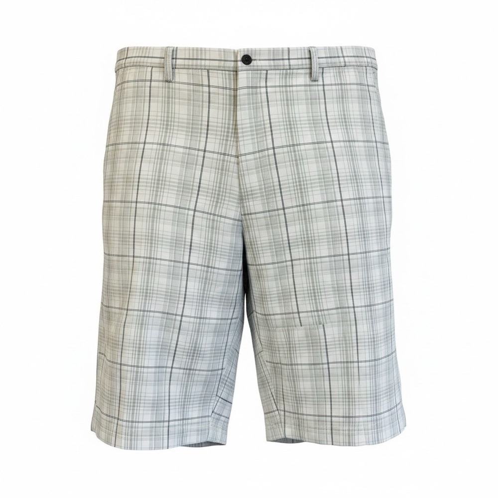 Haggar Shorts Mens Sz 50 White/Gray Plaid Flat Front Lightweight Golf Casual